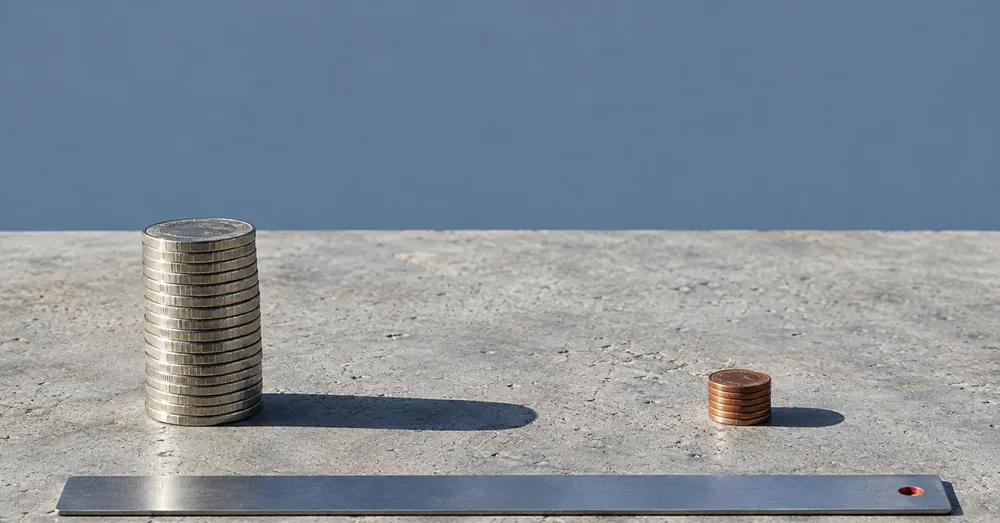 Duas pilhas de moedas de tamanhos diferentes sobre bancada de concreto, com uma régua ao lado.