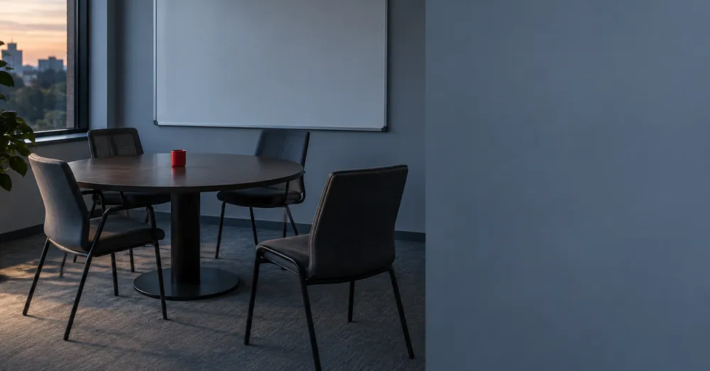 Sala de reunião vazia com uma cadeira afastada e virada de costas para a mesa.